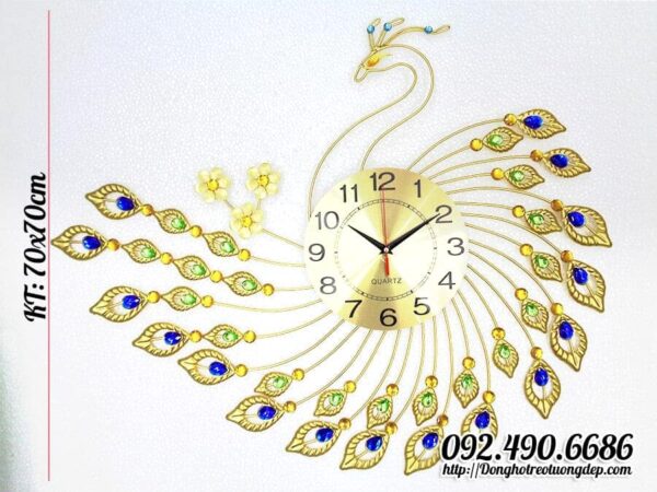 Đồng hồ treo tường trang trí đính đá chim công vàng quyến rũ DHCC07