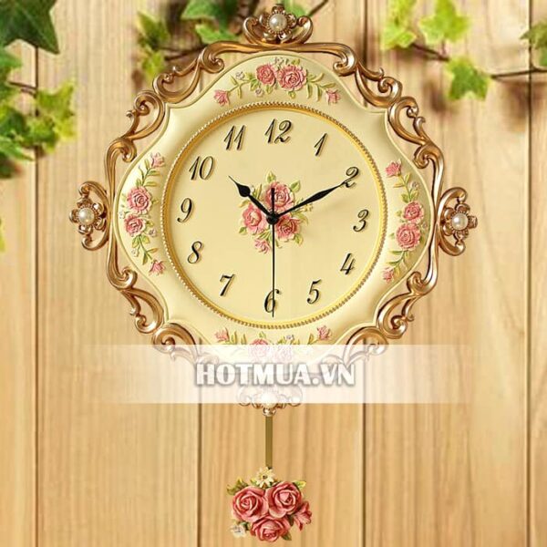 Đồng hồ treo tường hoa hồng viền vàng
