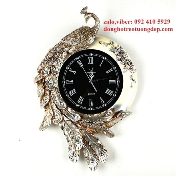 Đồng hồ treo tường trang trí chim công cao cấp hoàng gia màu bạc cổ( DHCC-CCB)